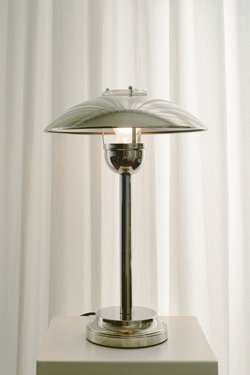 Vintage Atrium Mushroom Lamp, 1970s Chrome Opal Glass Bauhaus Desk Light