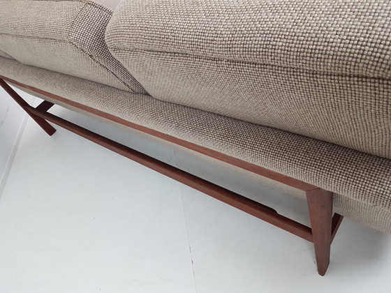 Image 1 of Set di divani vintage in legno di teak | divano + 2 poltrone in lana beige De Ploeg