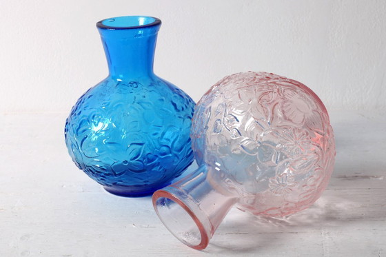 Image 1 of Set of 2 Vintage Pressed Glass Vases, Blue & Pink Floral Set, Italy 1960s