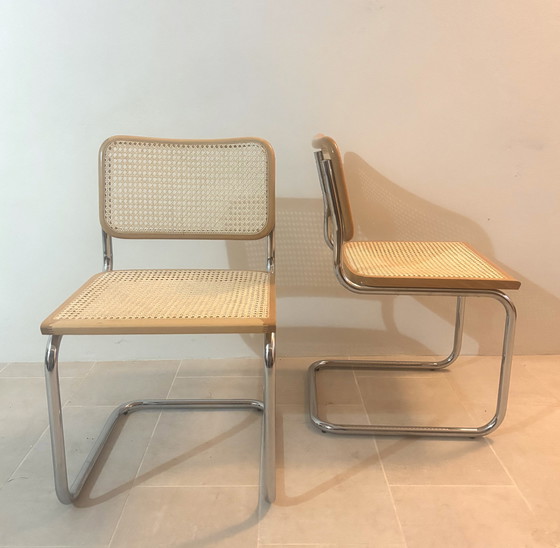 Image 1 of Set di sedie da pranzo a sbalzo in canna modello B32 in cromo di Cesca Italia, design di Marcel Breuer