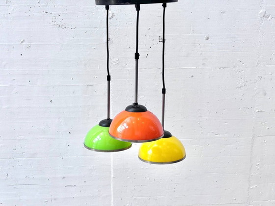 Image 1 of Space-age pendant lamp with three colored metal shades, 1970s