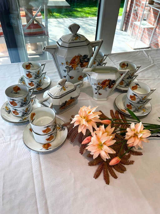 Juego de té vintage Eichwald para 12 personas – Juego de porcelana Art Déco – Diseño de rosas naranjas