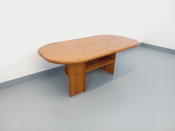 Image 1 of Vintage rectangular oval modernist coffee table in solid pine from the 1970s