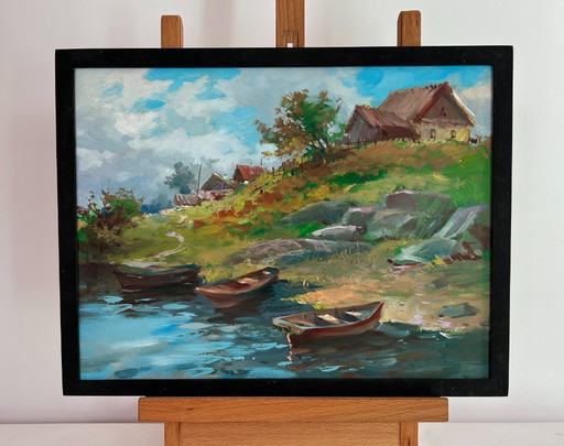 Original Oil Painting Summer Coastal Landscape The river carries village dreams