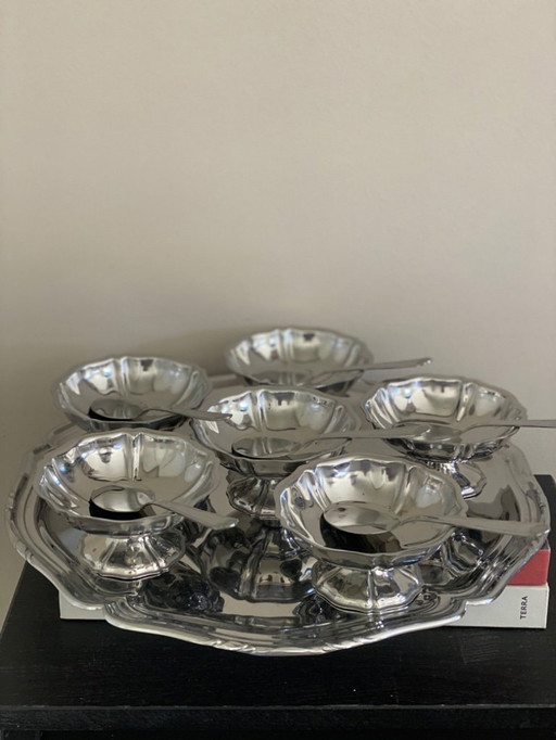 Guy Degrenne Set Of 6 Vintage Butterfly Coupes With Spoons And Tray