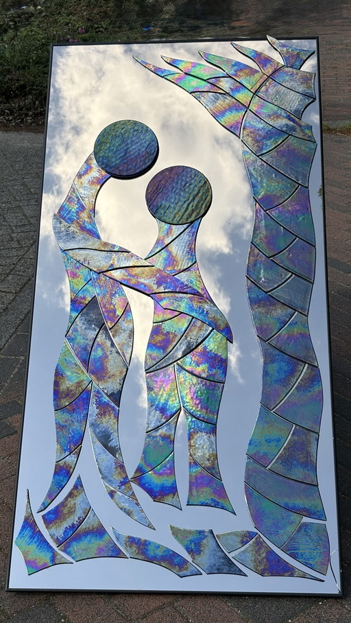 Specchio da toeletta a terra, opera d'arte realizzata a mano in vetro fumé e vetro ad olio a forma di palma