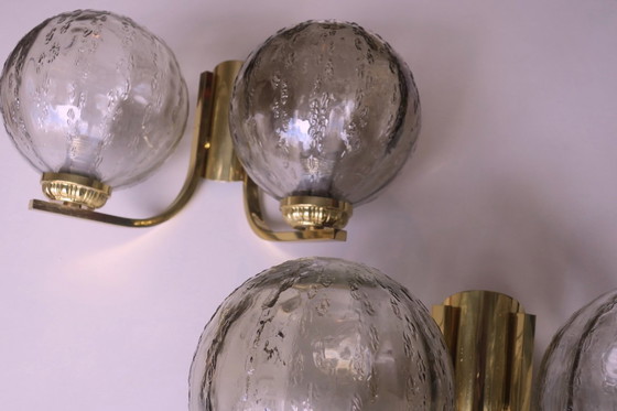 Image 1 of Mid Century Pair of Brass and Glass Double Wall Lights, 1970s