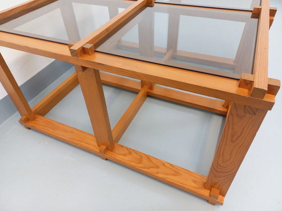 Image 1 of Vintage square coffee table in pine and smoked glass from the 70s/80s