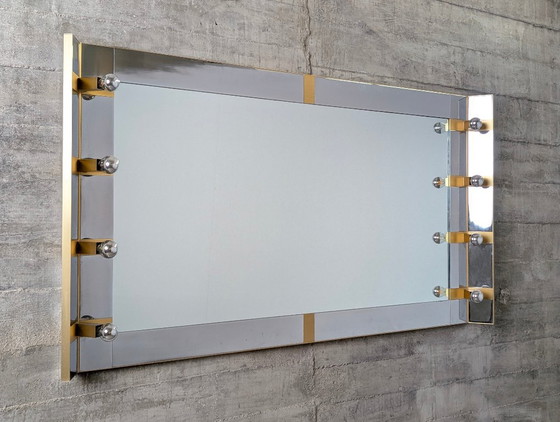 Gaetano Sciolari Mid-Century Modern Illuminated Vanity Wall Mirror in Chrome and Brass, Italy, 1970s – Glass (photo 6 of 18)