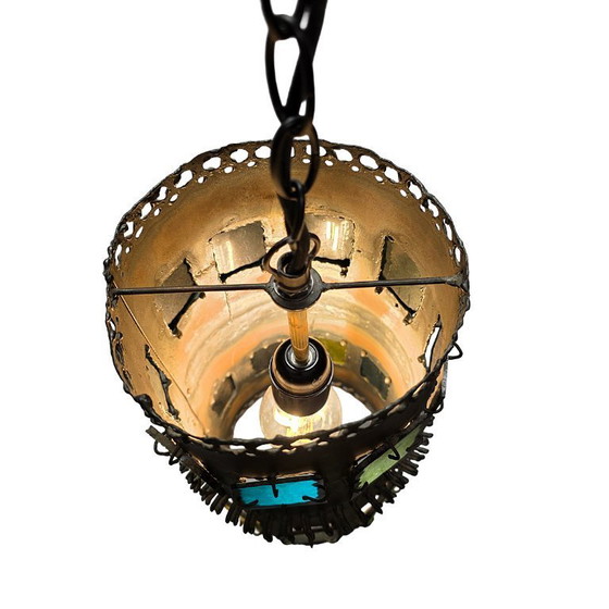 Image 1 of Lampada a sospensione brutalista francese con vetro colorato, anni '70