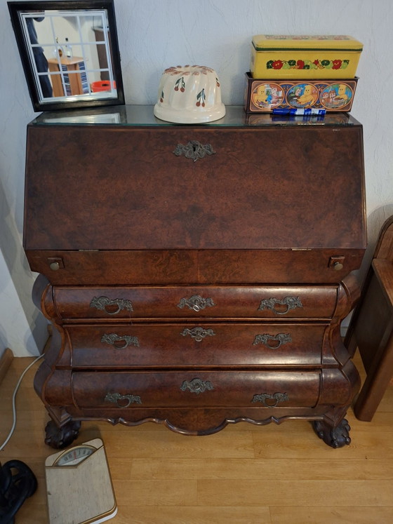 Antiek Biedermeier Secretaire Bureau - notenhout, Leer, Bruin (foto 5 van 5)