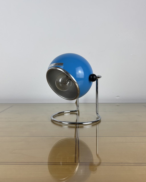 Table Lamp, Targetti Sankey Metal, Eyeball, 70s, Italy, Space Age, Sputnik design, 1970s, Blue Vintage Lamp with Chrome Stand