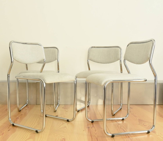 Image 1 of VINTAGE VINTAGE stalen buisvormige stoffen eetkamerstoel vrijdragend Bauhaus Modernist jaren 70