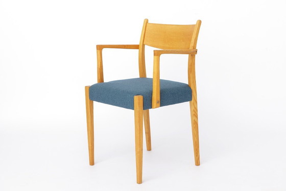 Image 1 of Vintage German Armchair 1960s, Mid Century Beechwood Chair with Blue Upholstery, Scandinavian Style Dining Chair, Single Chair
