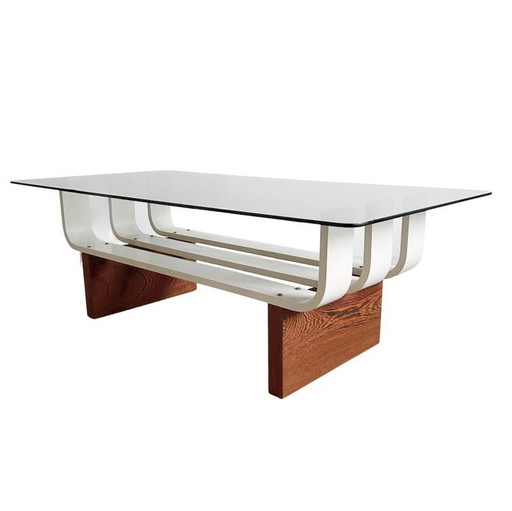 Table basse vintage style Space Age, années 1970, en teck et verre fumé.