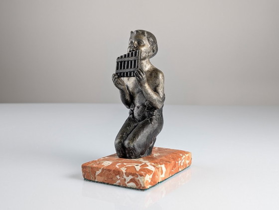 Image 1 of Junger Faun mit Panflöte, Art-Deco-Skulptur auf Marmorsockel, 1920er Jahre