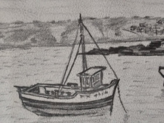 Image 1 of Vintage Signed Coastal Drawing | Boats at Anchor | Jean-Noël, 1965