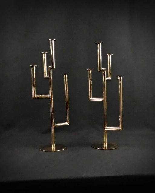Pair of Karl Hagenauer Wiener Werkstätte gilt brass candelabras 1930