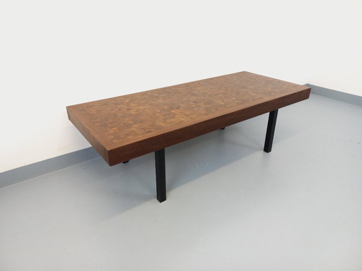 Vintage rectangular coffee table by Dieter Wackerlin in wenge wood mosaic and black metal legs from the 60s/70s