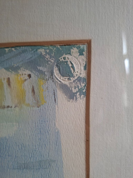 Image 1 of Peinture d'Emme van der Heide (1981) – Gouache « Pot de fleurs sur une table dans l'atelier »