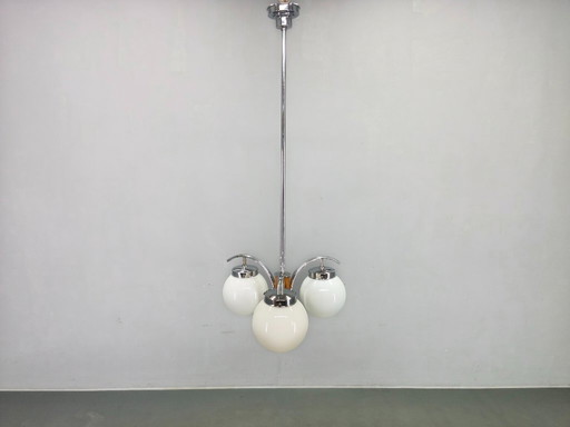 Lampadario Art Déco, cromo, noce e vetro, anni '30