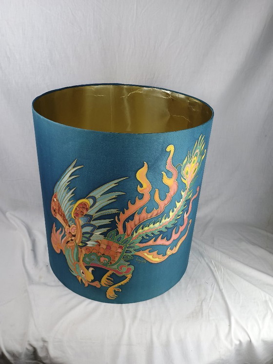 Image 1 of Handmade Signed Silk Dragon Lampshade, Large Vintage Style Table or Floor Lamp Shade, Asian Inspired Decorative Shade