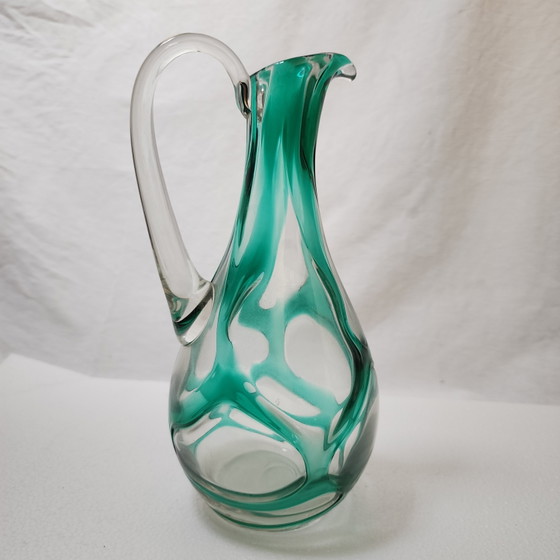 Handgeblazen kunstglazen kan uit het midden van de 20e eeuw in turquoise groen – organische, vrije vorm (photo 4 of 12)