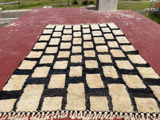 Image 1 of Beni Ourain tapijt 230x160 cm – Zwart-crème geruit Marokkaans wollen tapijt – Handgemaakt Berber tapijt
