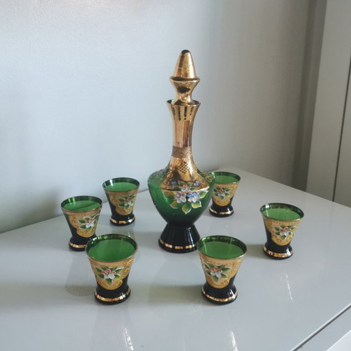 MURANO GLASS BOTTLE OR FLASK AND SIX GLASSES