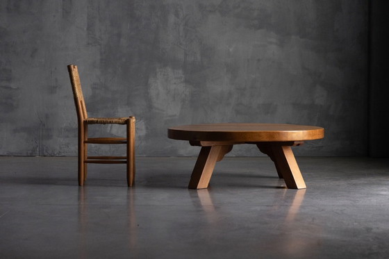 Image 1 of Brutalist Oak Round Coffee Table, France, 1950s