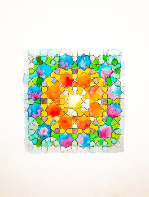 Original watercolor of a Moorish tile. Arabic tile painting. Geometric painting. Watercolor with a geometric motif. New.