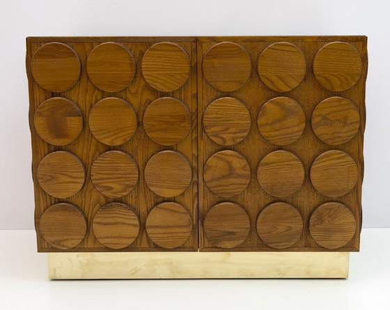 Image 1 of Brutalist Italian Chestnut Wood and Brass Bar Cabinet, 1970s