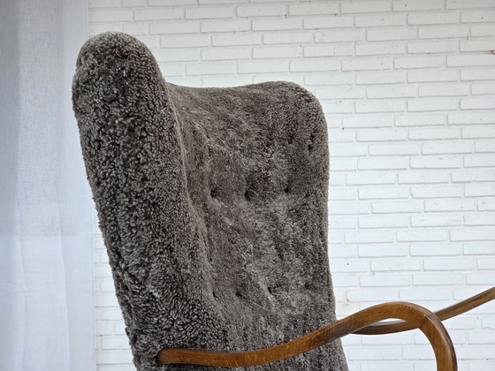 Image 1 of 1960s Reupholstered Danish Armchair with Stool, Genuine Sheepskin