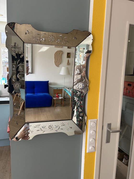 Image 1 of Prachtige Vintage Venetiaanse Spiegel – Geëtst Glas 79x58 cm