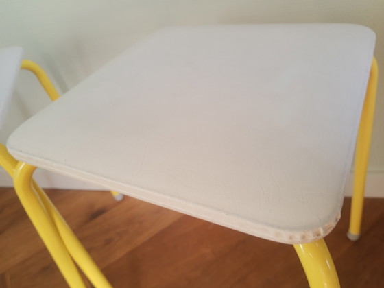 Image 1 of Set of 2 50s-60s tubular frame faux leather stools in white and yellow