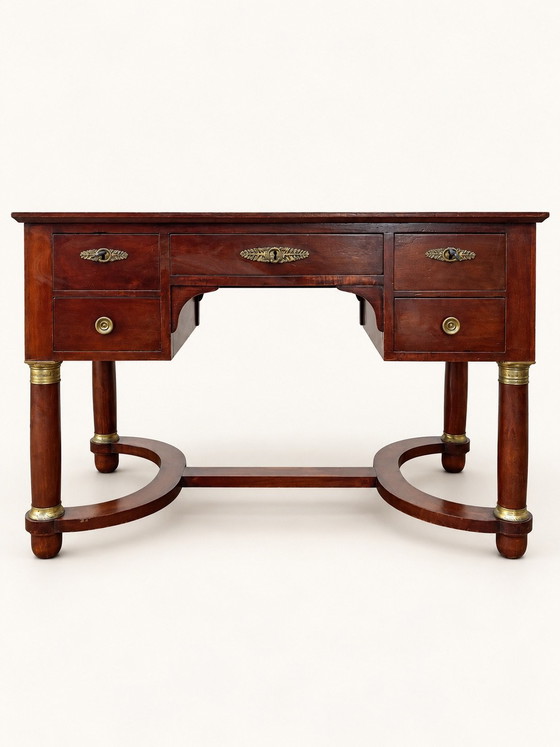 Flacher Schreibtisch im Empire-Stil aus Mahagoni – Leder, Holz (photo 9 of 9)