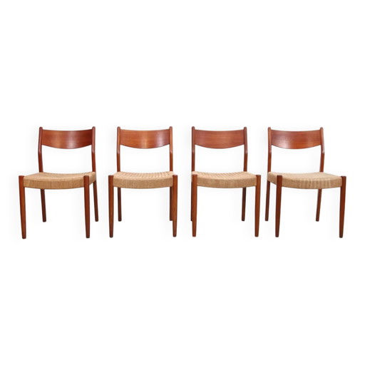 Set of four teak and papercord Marten Franckena chairs for Fristho – eetkamerstoelen, Scandinavian