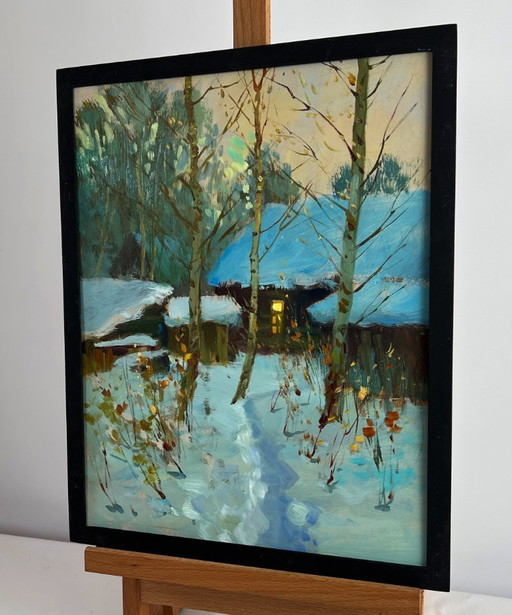 Original Oil Painting Snow Village Landscape Enjoying the winter sunset