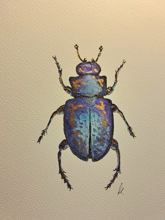 Image 1 of Watercolor painting Scarab blue gold | Gold-colored frame