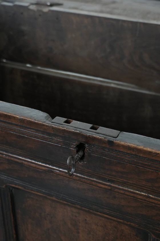 Image 1 of Large antique panelled English oak chest from the 18th century