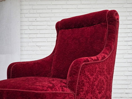 Anni '50, Poltrona vintage danese, velluto per mobili, legno di quercia., Poltrone, Rosso, Scandinavian (foto 6 di 15)