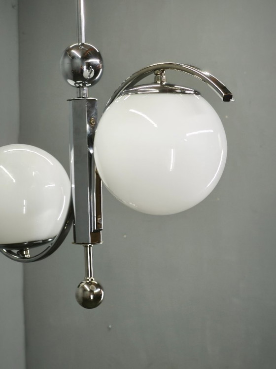1930s Art Deco Chrome and Opaline Glass Two-Light Chandelier, Czechoslovakia, Metal, Silver (photo 4 of 10)