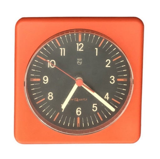 Horloge murale vintage Philips HF Quartz – années 70/80 – coloris orange
