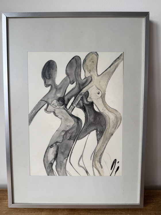 Original 1970s Modernist Drawing - "Three Graces" Ink & Watercolor – Paintings & Drawings, Aluminium (photo 3 of 6)