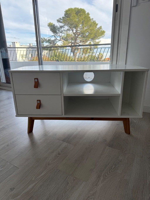 Scandinavian-style white and wood corner TV unit with drawers