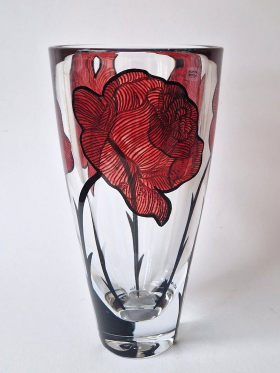 Image 1 of Kosta Boda - Jarrón pesado con rosas "Tatuaje" de Ludvig Löfgren - Firmado