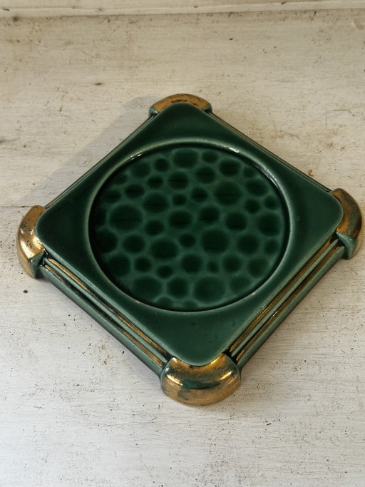 Posavasos Art Déco de cerámica esmaltada en verde y dorado moteado. – tafelaccessoires, Ceramic, Vintage (photo 2 of 12)