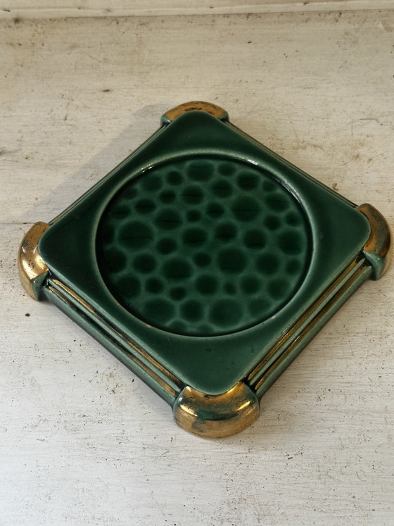 Posavasos Art Déco de cerámica esmaltada en verde y dorado moteado. – Accesorios de mesa, Ceramic, Vintage (photo 2 of 12)