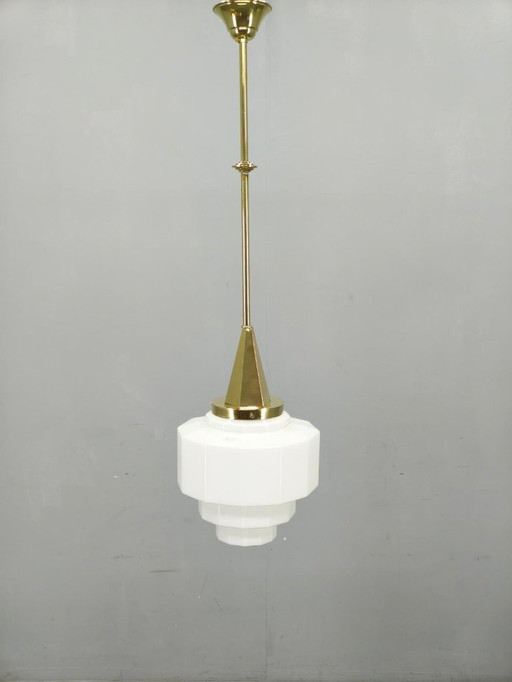 Art Deco Brass Pendant with Geometric Opaline Glass, Czechoslovakia 1930s