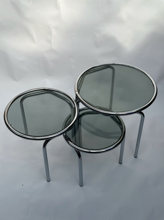 Image 1 of Vintage Space Age Nesting Tables in Chrome and Smoked Glass, 1970s/1980s